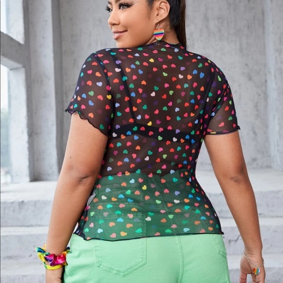 SHEIN Plus Allover Heart Print Lettuce Trim Sheer Mesh Top - Picture 2 of 5